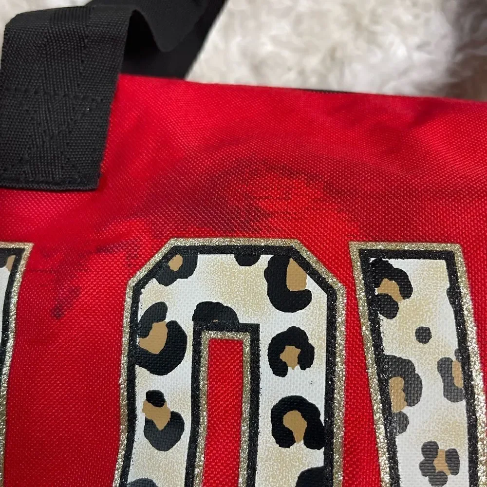 Justice Red and Cheetah print Gymnastics bag gold glitter accents black straps